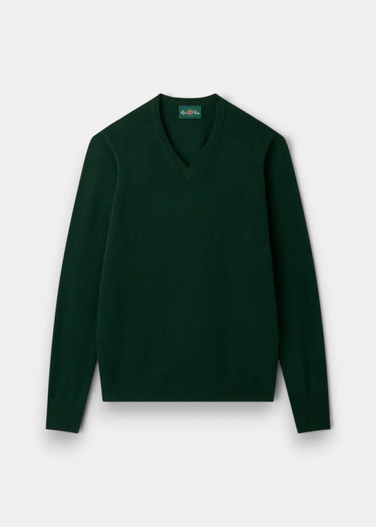 Alan Paine Kilsyth men's V-neck jumper in tartan green made from 100% soft lambswool with ribbed hem and cuffs.