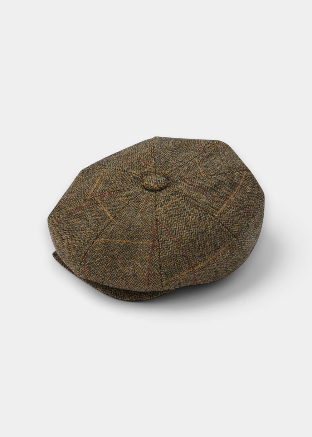 Combrook Men’s Tweed Bakerboy Cap in Teak: Brown tweed flat cap with top button, shown on white background.