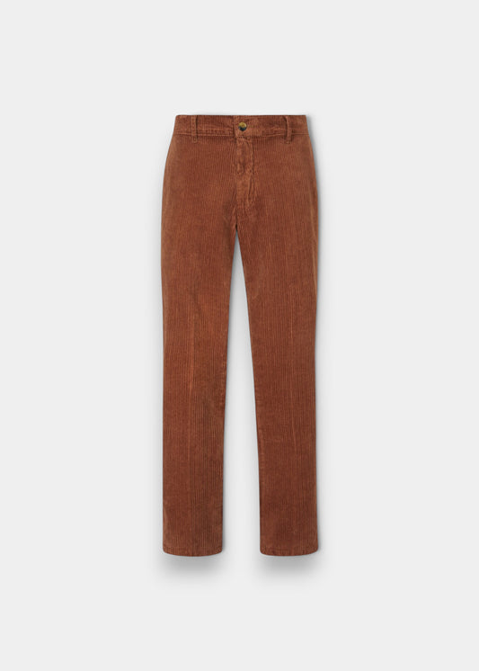 Alan Paine men's tobacco brown corduroy trousers with a button fly and side pockets in a classic straight leg fit.