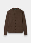 Alan Paine tobacco brown lambswool cardigan with a V-neck, five-button front, and two jetted pockets.