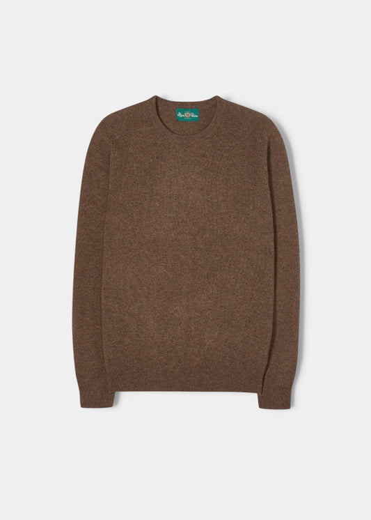 Alan Paine Lenzie men's tobacco brown crew neck jumper in soft 100% lambswool with saddle shoulder detailing.