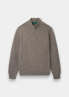 Alan Paine Sutherland lambswool quarter zip jumper in vole brown with a mock neck and ribbed hem and cuffs.