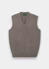 Alan Paine Norfolk men's V-neck slipover in vole brown lambswool with a classic fit and ribbed hem.