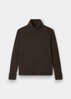 Alexa Wool & Cashmere Roll Neck Jumper in Walnut, shown flat with ribbed cuffs and hem on a light gray background.