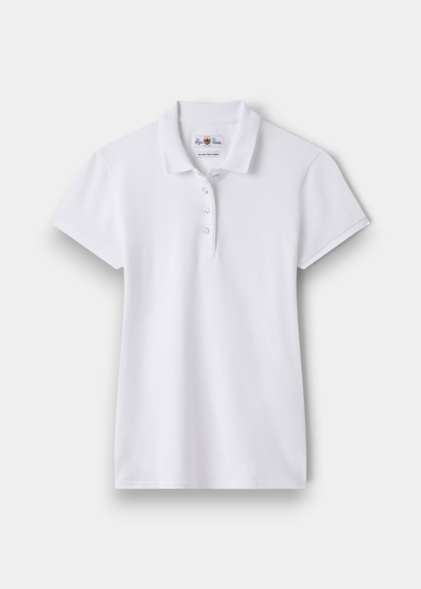 Alan Paine ladies white pique polo shirt in soft Peruvian Pima cotton with a three-button placket and feminine fit.