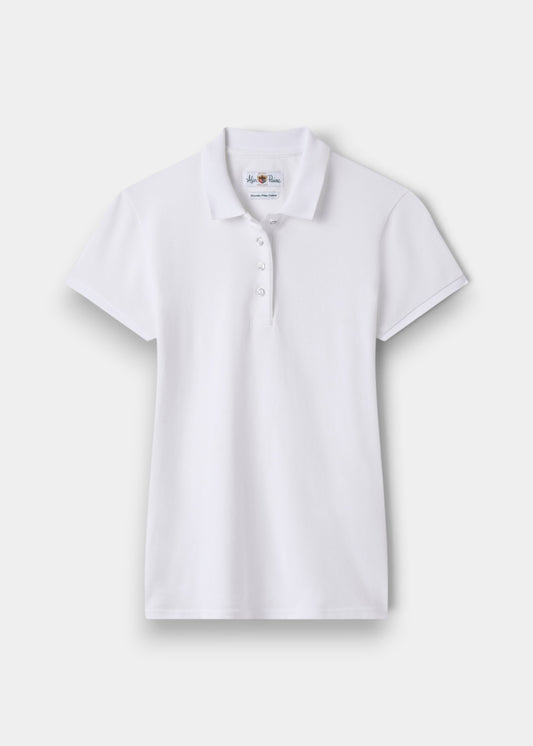 Alan Paine ladies white pique polo shirt in soft Peruvian Pima cotton with a three-button placket and feminine fit.