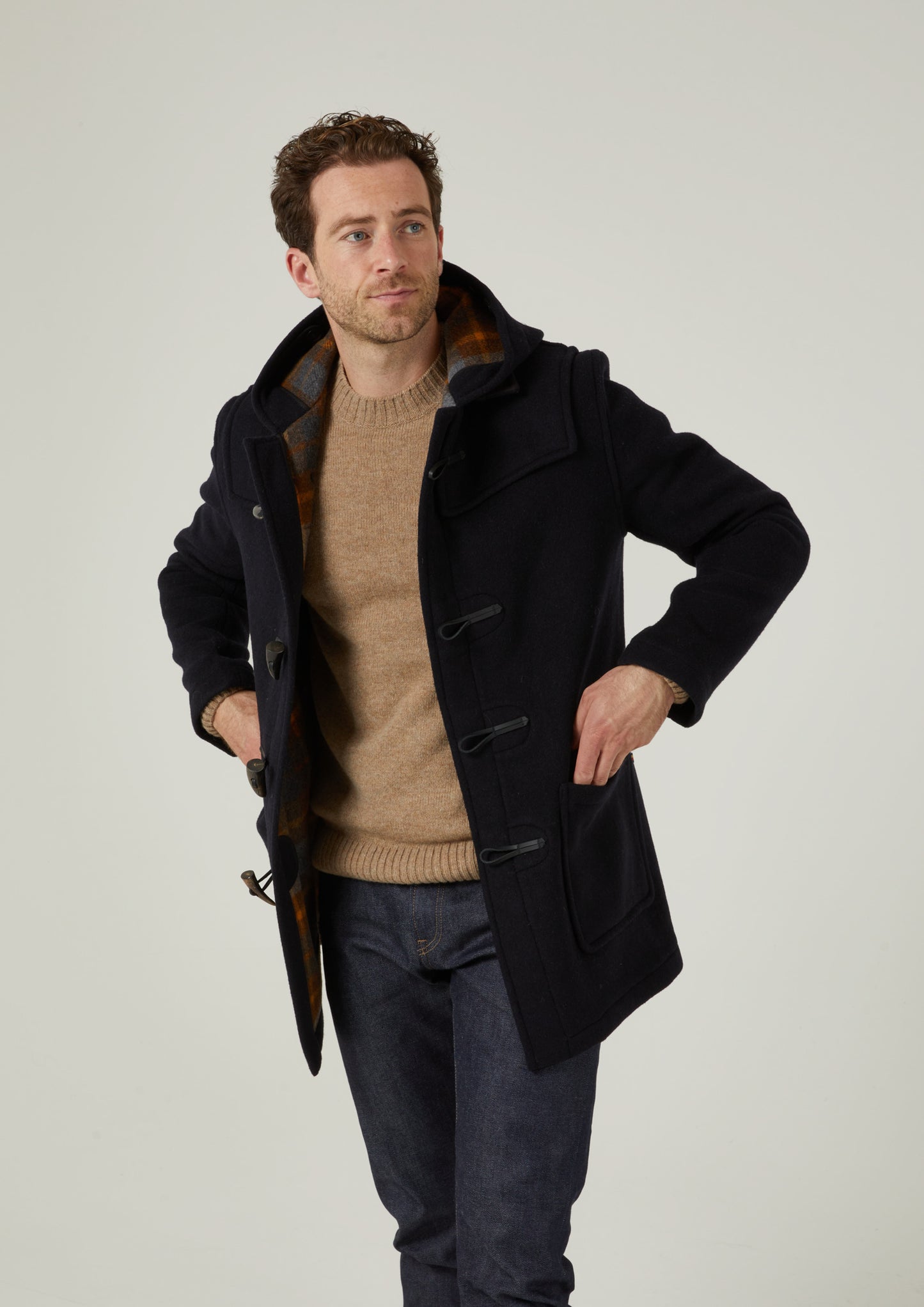 Alcombey Check Back Duffle Coat In Navy.