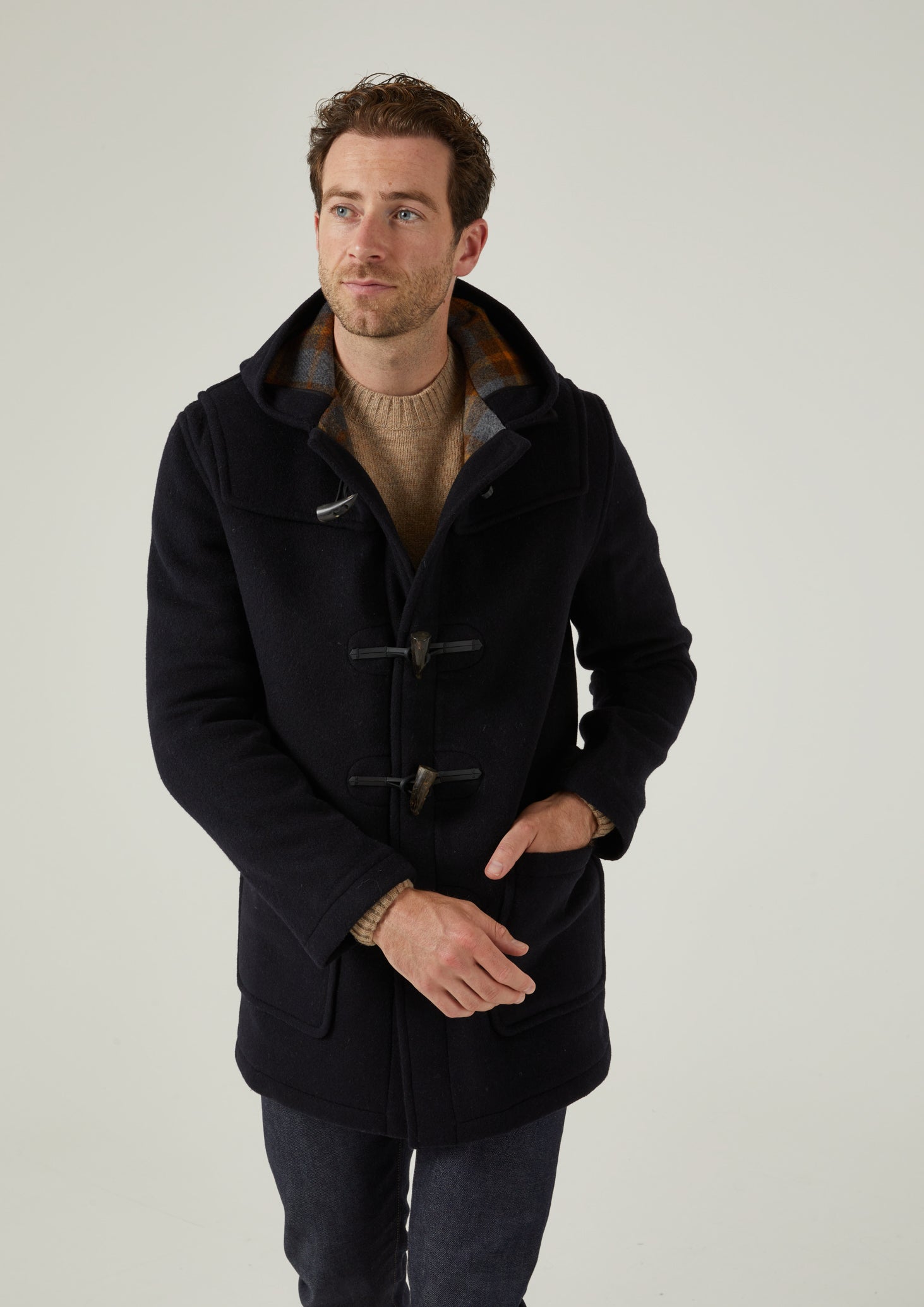 Alcombey Check Back Duffle Coat In Navy – Alan Paine UK