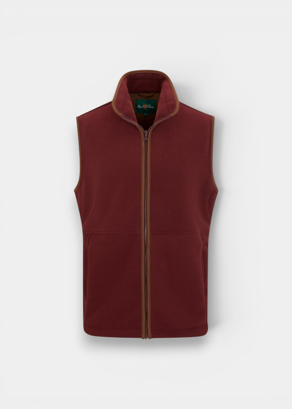 Alan Paine Aylsham men's bordeaux fleece gilet with mock suede trim, front zipper, and regular fit design.