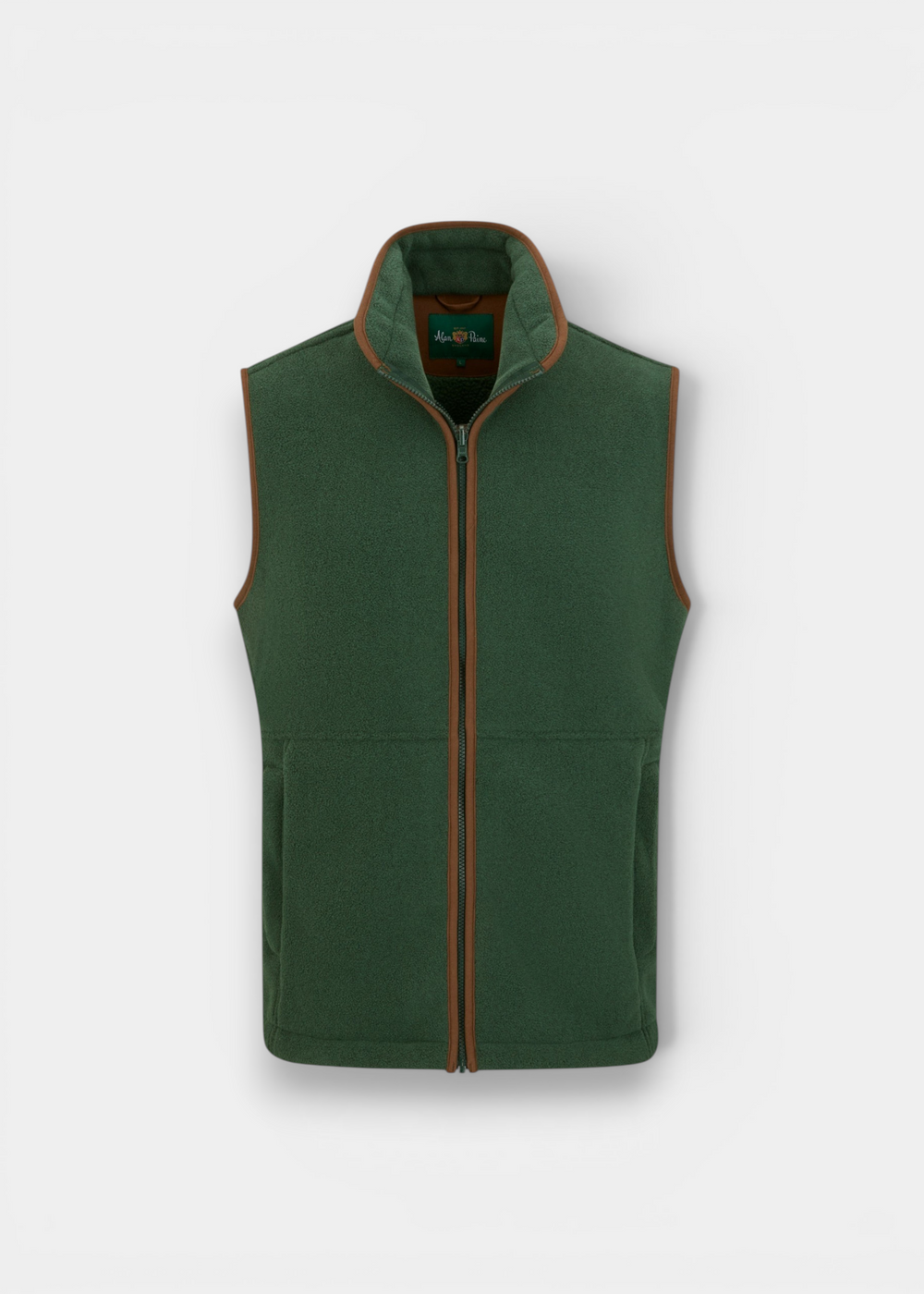 Alan Paine Aylsham men's evergreen fleece gilet with mock suede trim, front zipper, and two zipped pockets.