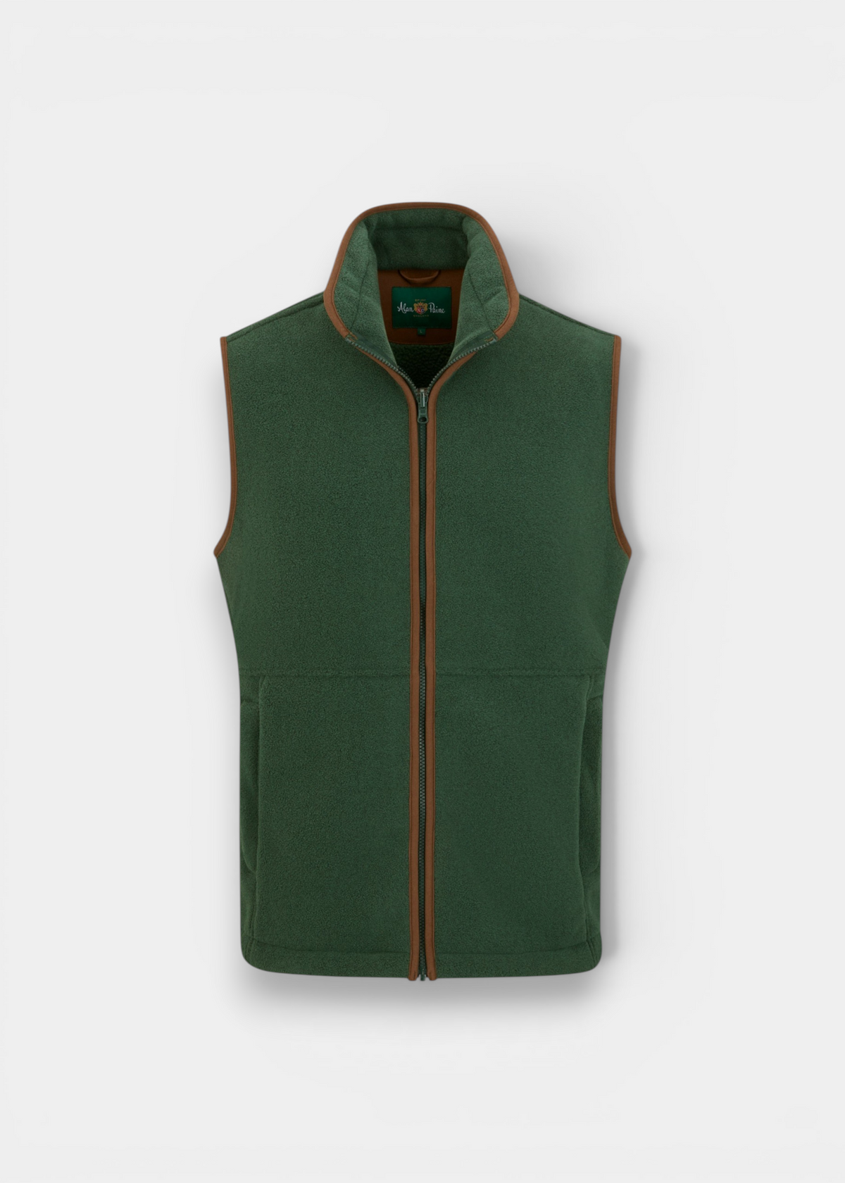 Alan Paine Aylsham men's evergreen fleece gilet with mock suede trim, front zipper, and two zipped pockets.