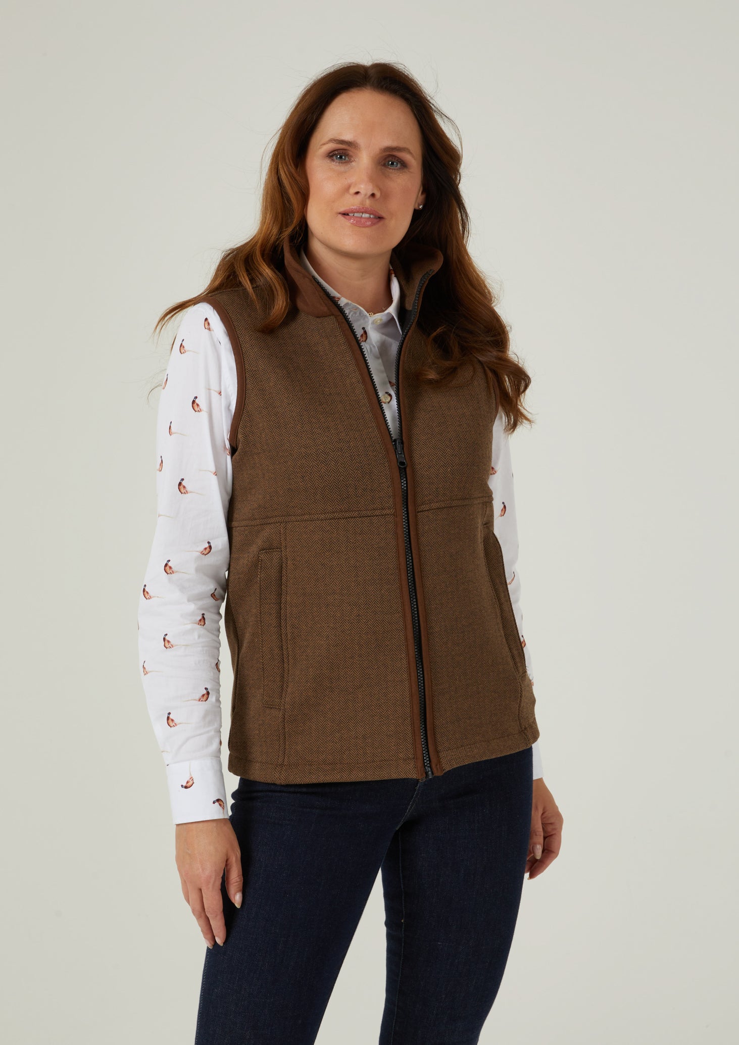 Aylsham Ladies Fleece Gilet In Brown Herringbone