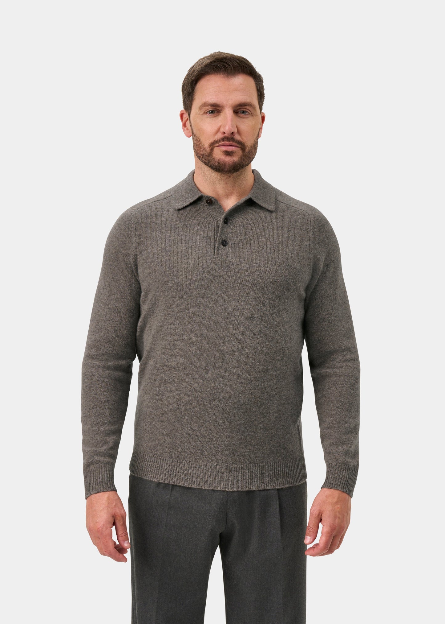 Bilsdean Men's Lambswool Long Sleeve Polo In Vole - Regular Fit