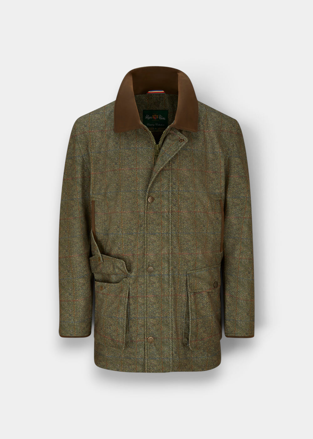 Didsmere Men’s Technical Tweed Coat in Ackley: green, brown collar, button front, flap pockets, belt, waterproof.