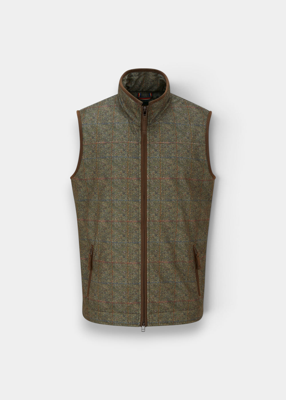 Didsmere Technical Tweed Effect Gilet in Ackley: gray-brown plaid, zip front, faux leather trim, 2 pockets.