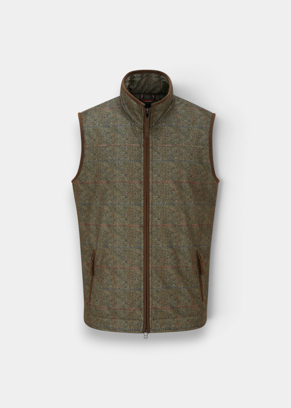 Didsmere Technical Tweed Effect Gilet in Ackley: gray-brown plaid, zip front, faux leather trim, 2 pockets.