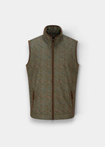 Didsmere Technical Tweed Effect Gilet in Ackley: gray-brown plaid, zip front, faux leather trim, 2 pockets.