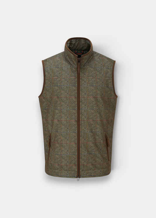 Didsmere Technical Tweed Effect Gilet in Ackley: gray-brown plaid, zip front, faux leather trim, 2 pockets.