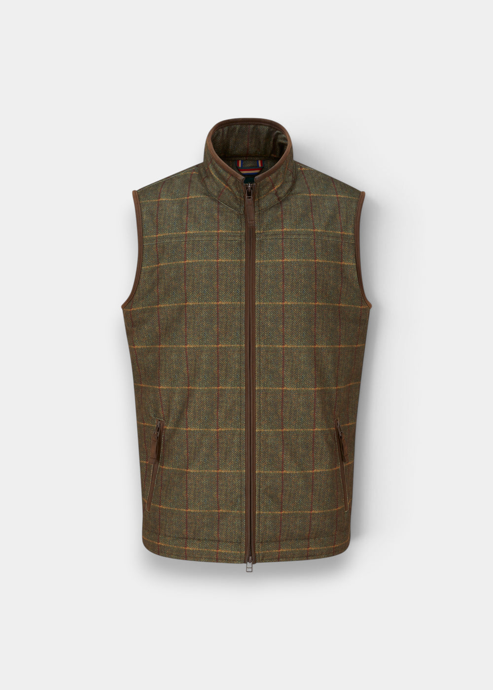 Didsmere Men’s Firth Technical Tweed Gilet—regular fit, green plaid, front zip, 2 zip pockets, on plain background.