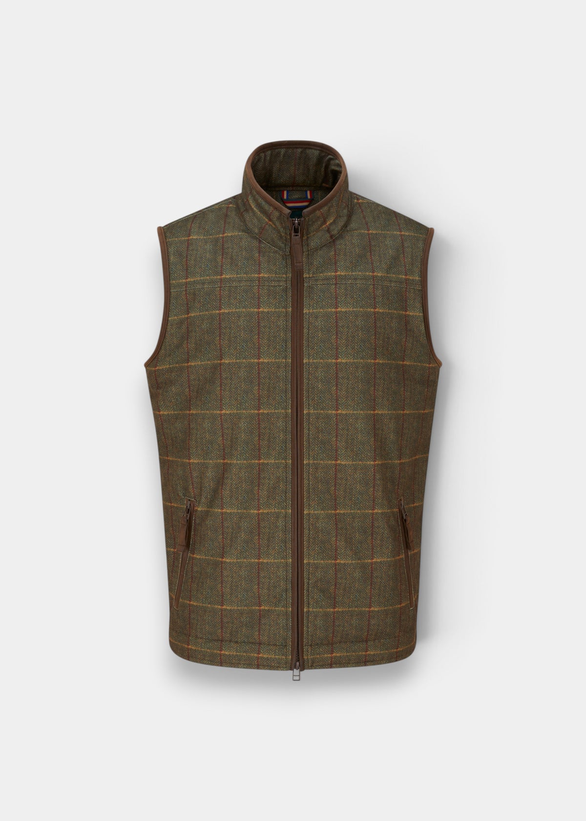 Didsmere Men’s Firth Technical Tweed Gilet—regular fit, green plaid, front zip, 2 zip pockets, on plain background.
