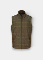 Didsmere Men’s Firth Technical Tweed Gilet—regular fit, green plaid, front zip, 2 zip pockets, on plain background.