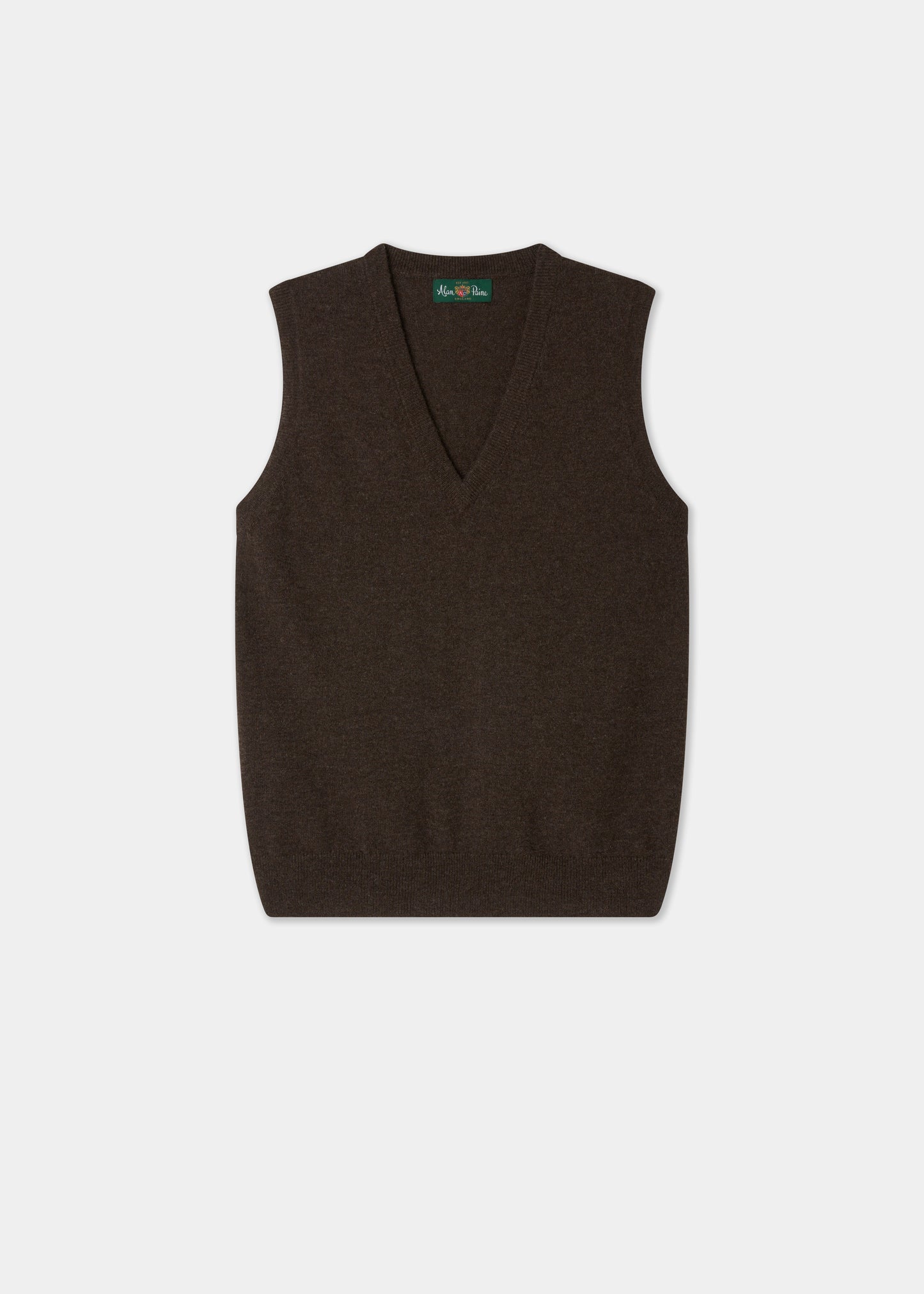 A dark brown knit sweater vest with a V-neckline, displayed flat against a light gray background.