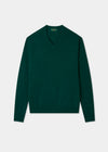 Dark green vee neck jumper on a white background