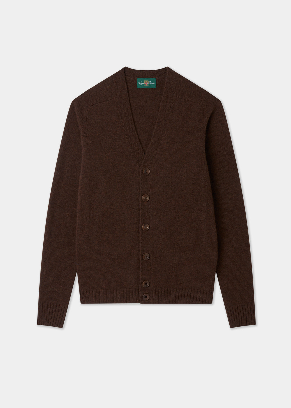 Mens vee neck cardigan jumper in brown on a white background