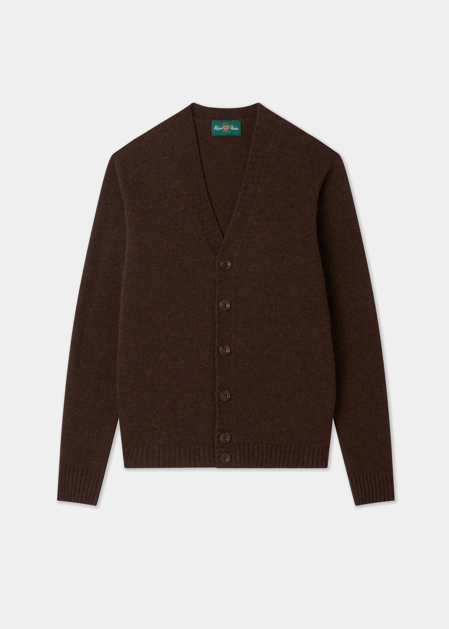 Mens vee neck cardigan jumper in brown on a white background