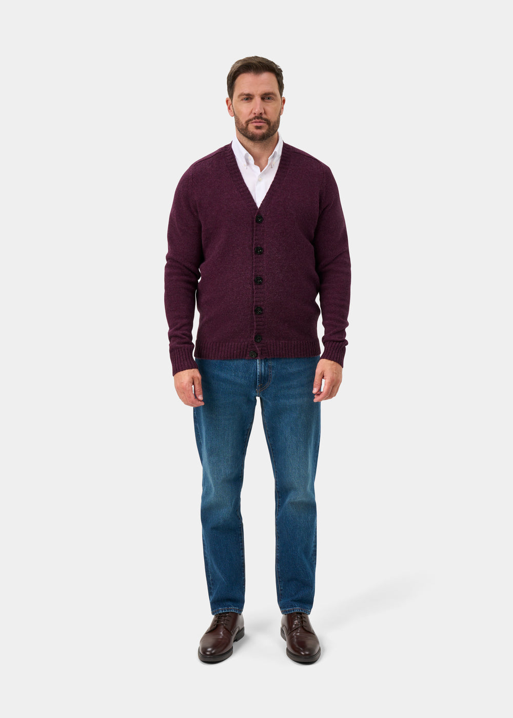 Kinloch Men's Shetland Wool Cardigan in Elderberry