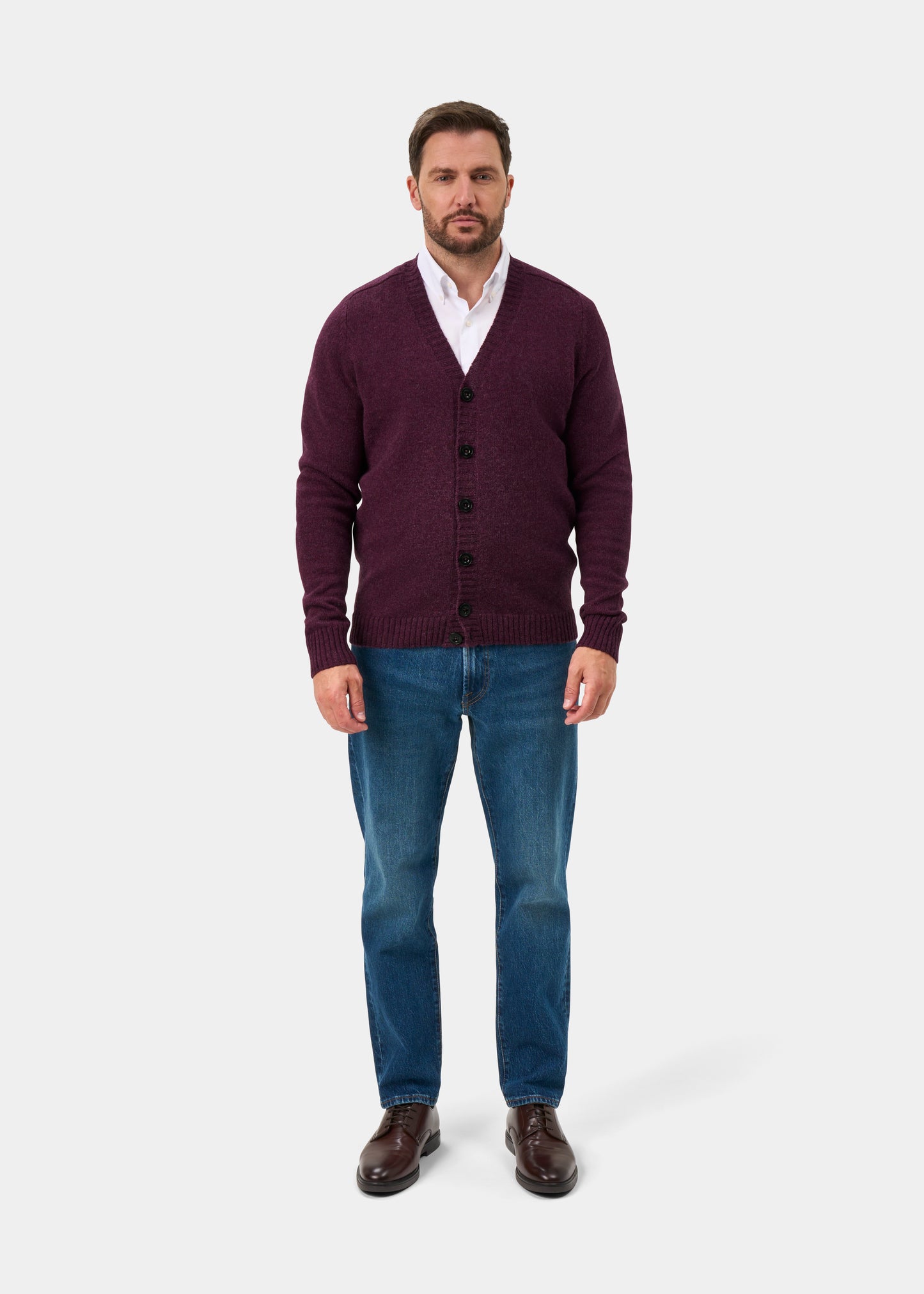 Kinloch Men's Shetland Wool Cardigan in Elderberry