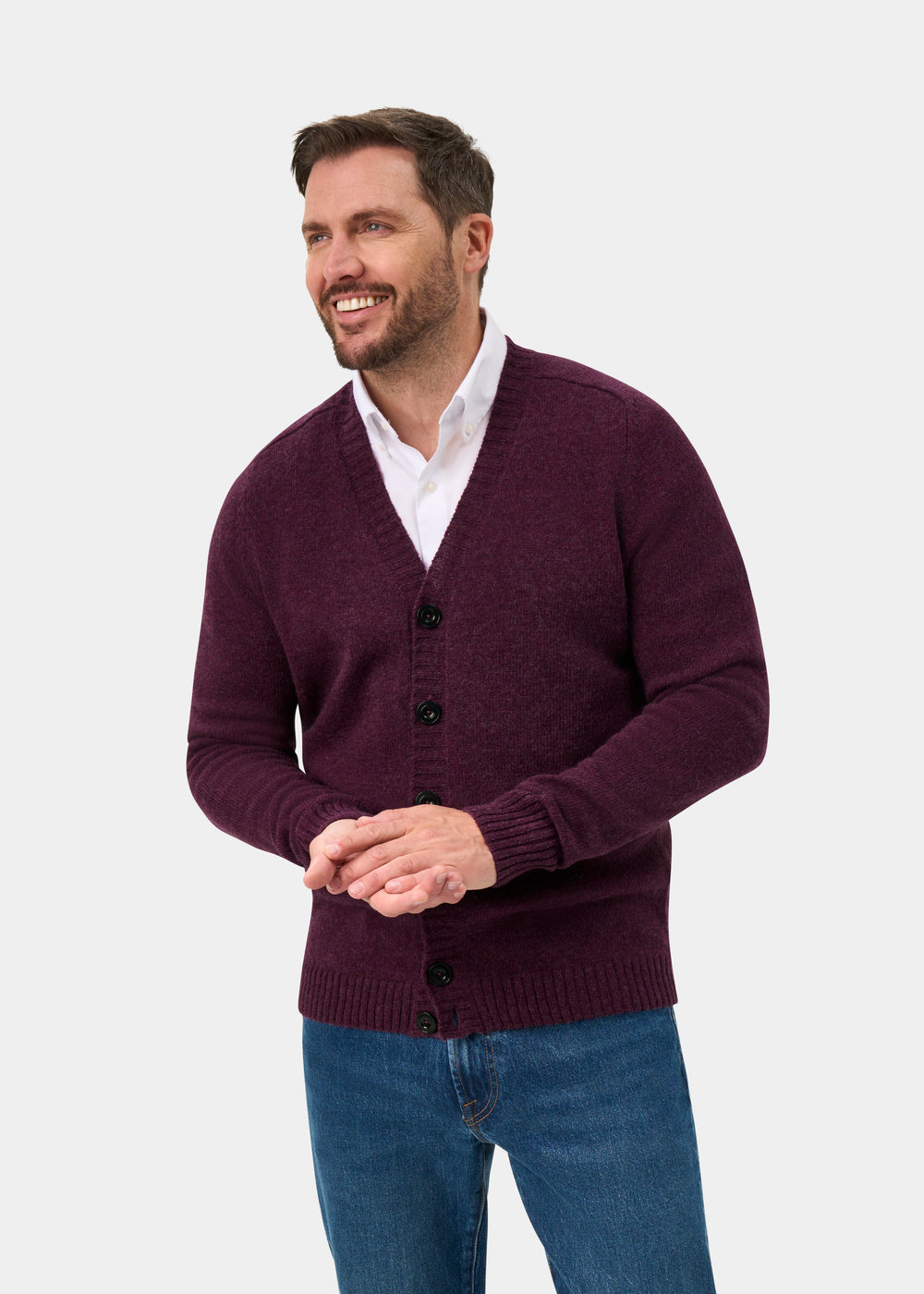 Kinloch Men's Shetland Wool Cardigan in Elderberry