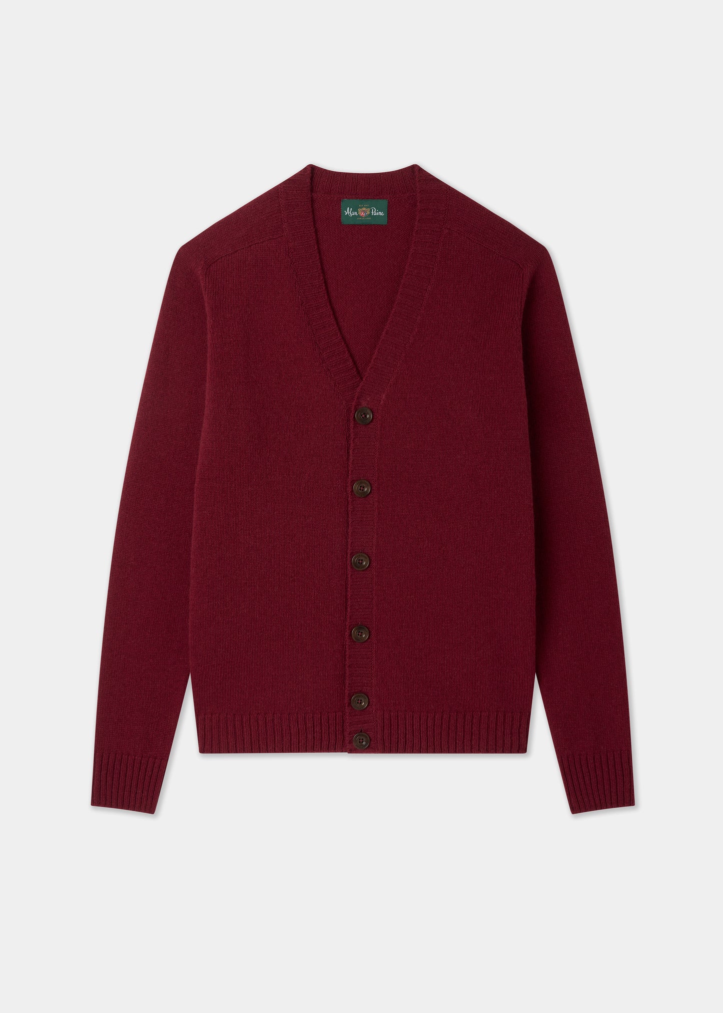 Mens vee neck cardigan jumper in red on a white background