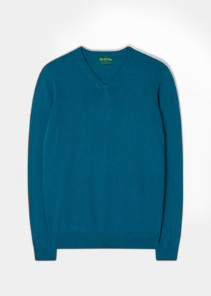 Men's Cotton Cashmere Vee Neck Jumper In Peacock Alan Paine