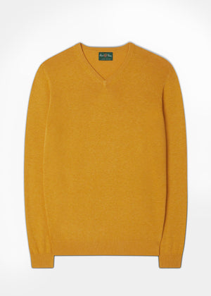 Men's Cotton Cashmere Vee Neck Jumper In Sunrise Alan Paine