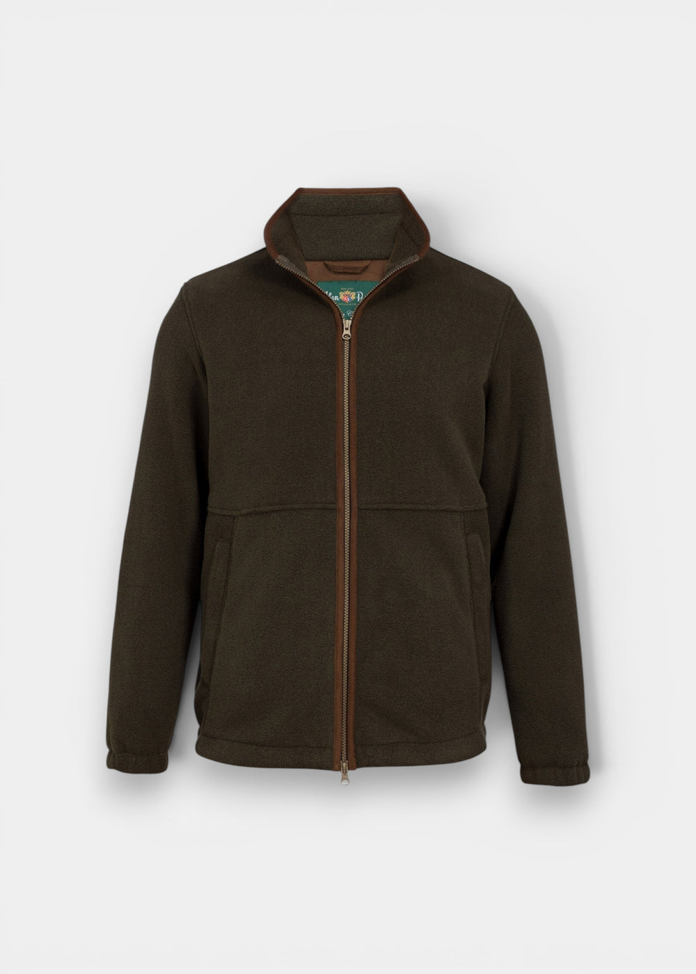 Aylsham Men’s Fleece Windblock in green, regular fit with high collar and brown trim.