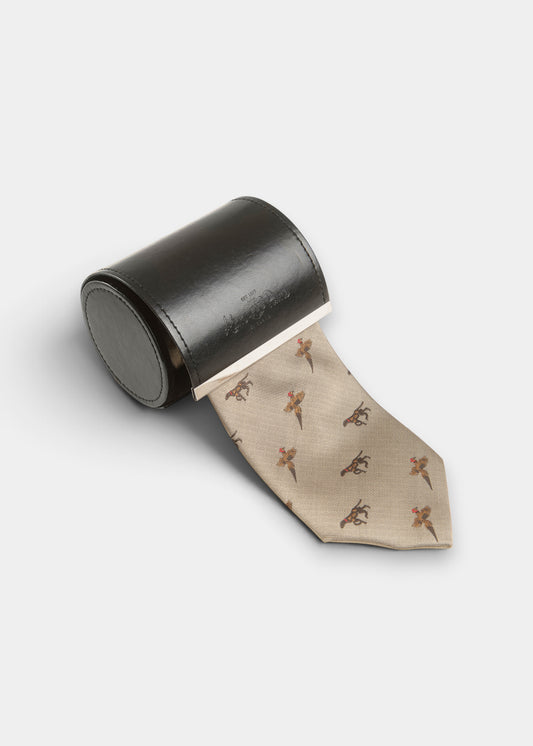 Ripon Silk Country Tie In Gold - Bird & Dog Design
