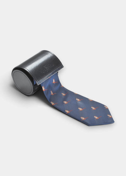 Ripon Silk Country Tie In Navy - Flying Pheasant Design