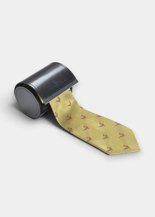 Ripon Silk Country Tie In Gold - Standing Pheasant Design