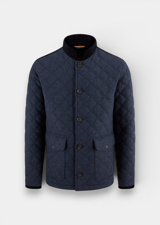 Alan Paine navy quilted barn jacket with corduroy collar and button front closure