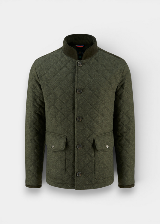 Alan Paine Richmond men's olive barn jacket featuring diamond quilting, corduroy collar, and flap pockets.