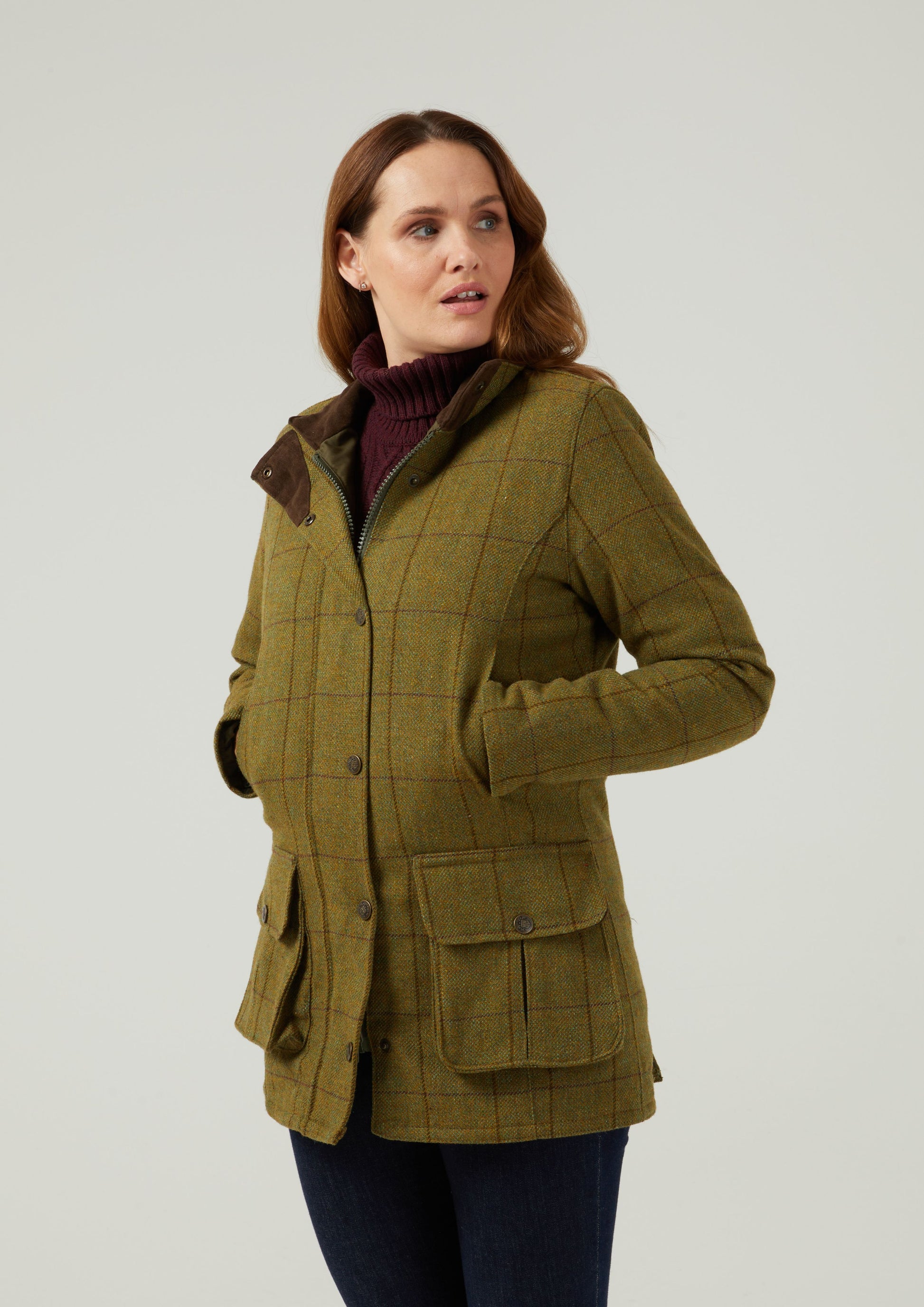 Rutland Ladies Tweed Waterproof Shooting Coat In Lichen