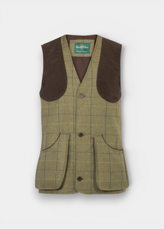 Rutland Men's Tweed Water Repellent Shooting Waistcoat in Dark Moss  -  Shooting Fit