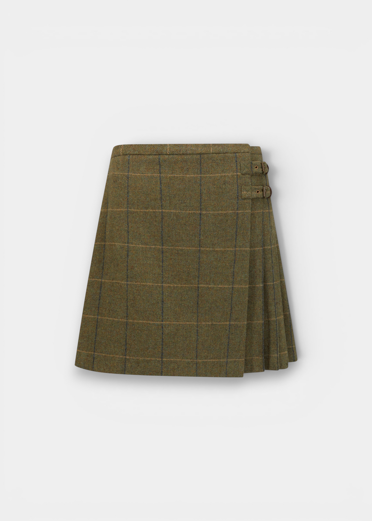 Alan Paine Surrey ladies lovat blue tweed wrap skirt with side pleats, metal buckles, and a classic check pattern.