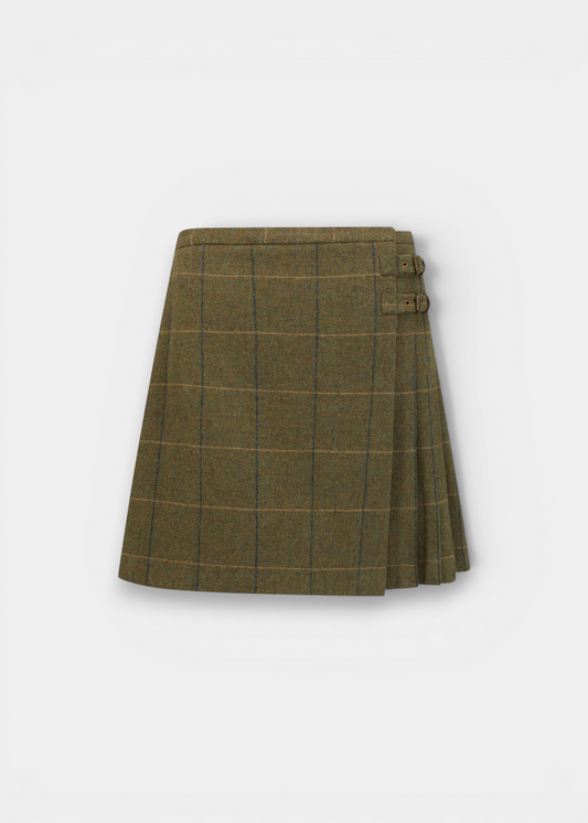 Alan Paine Surrey ladies lovat blue tweed wrap skirt with side pleats, metal buckles, and a classic check pattern.