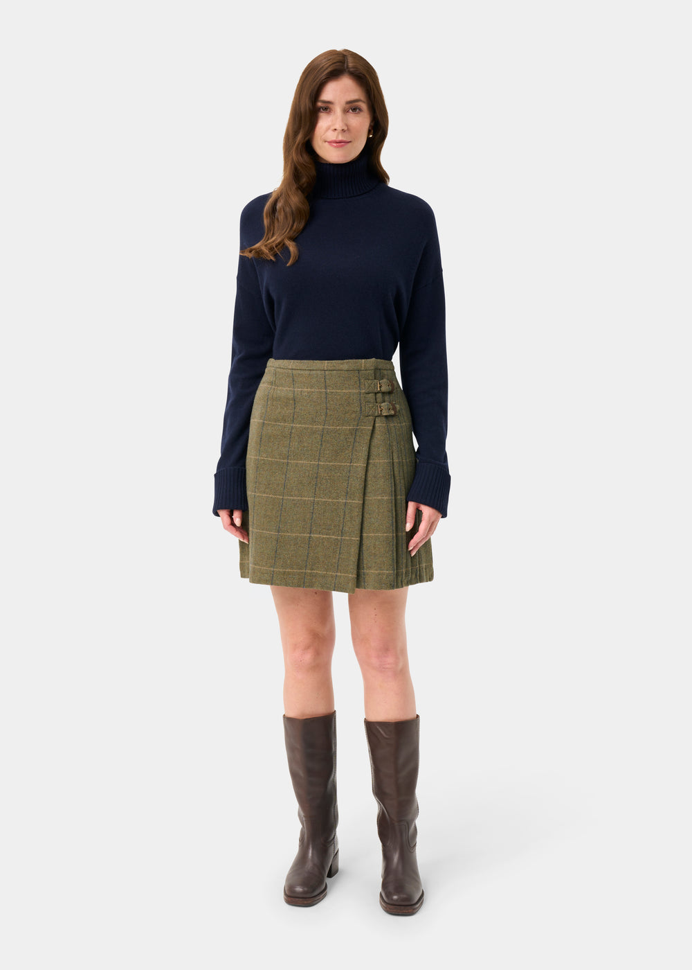 Surrey Ladies Tweed Pleated Wrap Skirt In Lovat Blue - Regular Fit