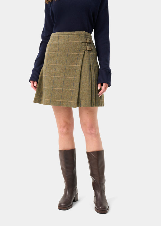 Surrey Ladies Tweed Pleated Wrap Skirt In Lovat Blue - Regular Fit