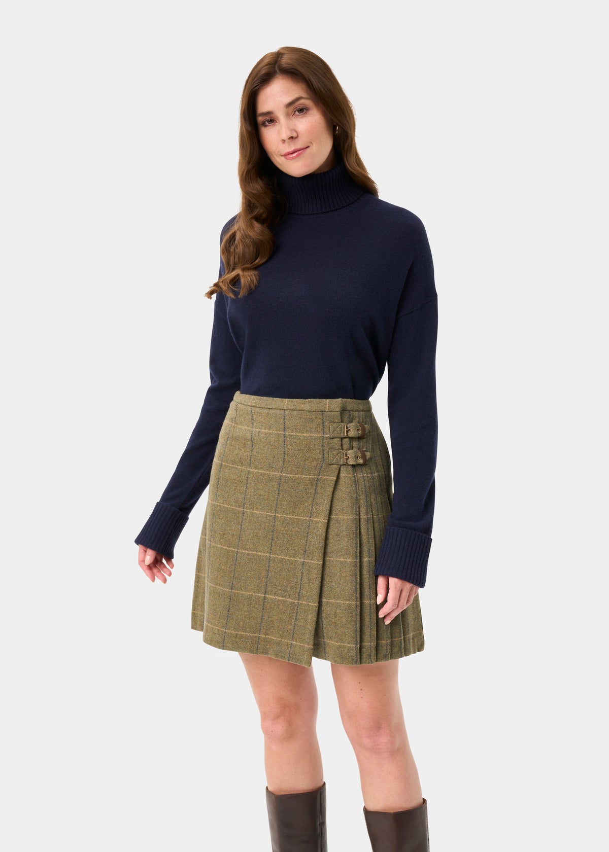 Surrey Ladies Tweed Pleated Wrap Skirt In Lovat Blue - Regular Fit