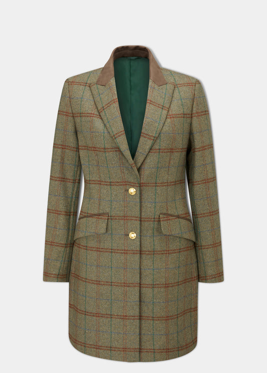 Surrey Ladies Mid-Thigh Tweed Coat In Clover 