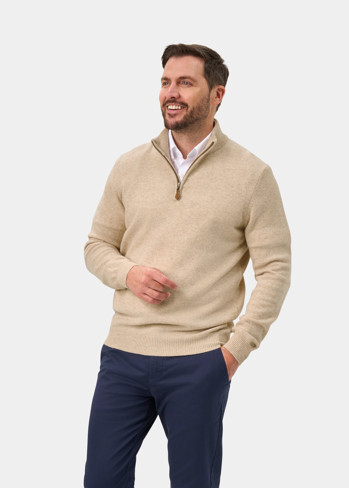 Sutherland Lambswool 1/4 Zip Jumper in Linen - Regular Fit